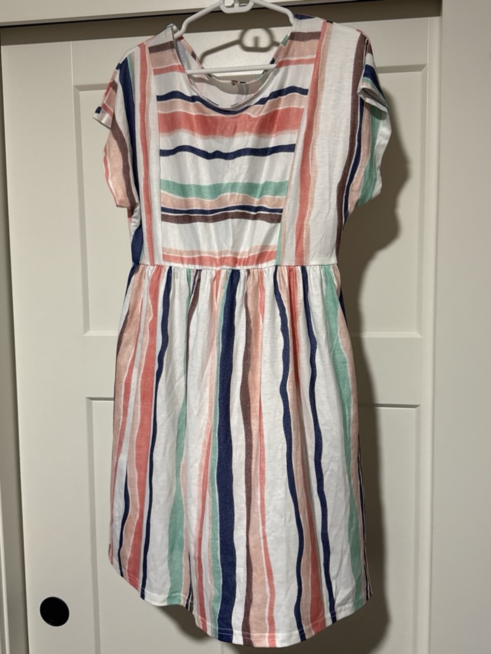 NWOT Multi-Stripe Short Sleeve Dress - White with Coral, Navy & Mint
